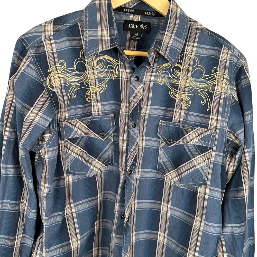 Ely 1878 Mens Blue Plaid Western Pearl Snap Shirt Embroidered Scroll Yoke Medium